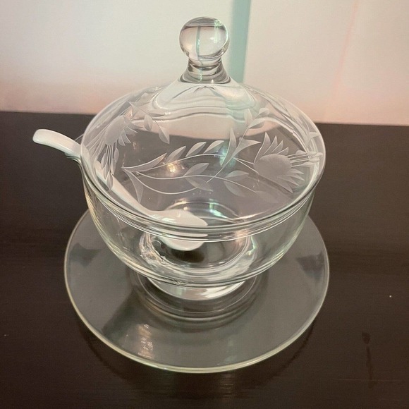 Vintage 3 Piece Etched Clear Glass Condiment Jelly/Condiment Bowl w/Spoon - Picture 8 of 8